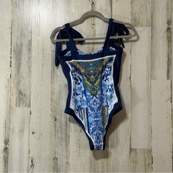Reversible Adjustable Tie Straps Blue White Patterned One-Piece Swimsuit - Picture 7 of 11